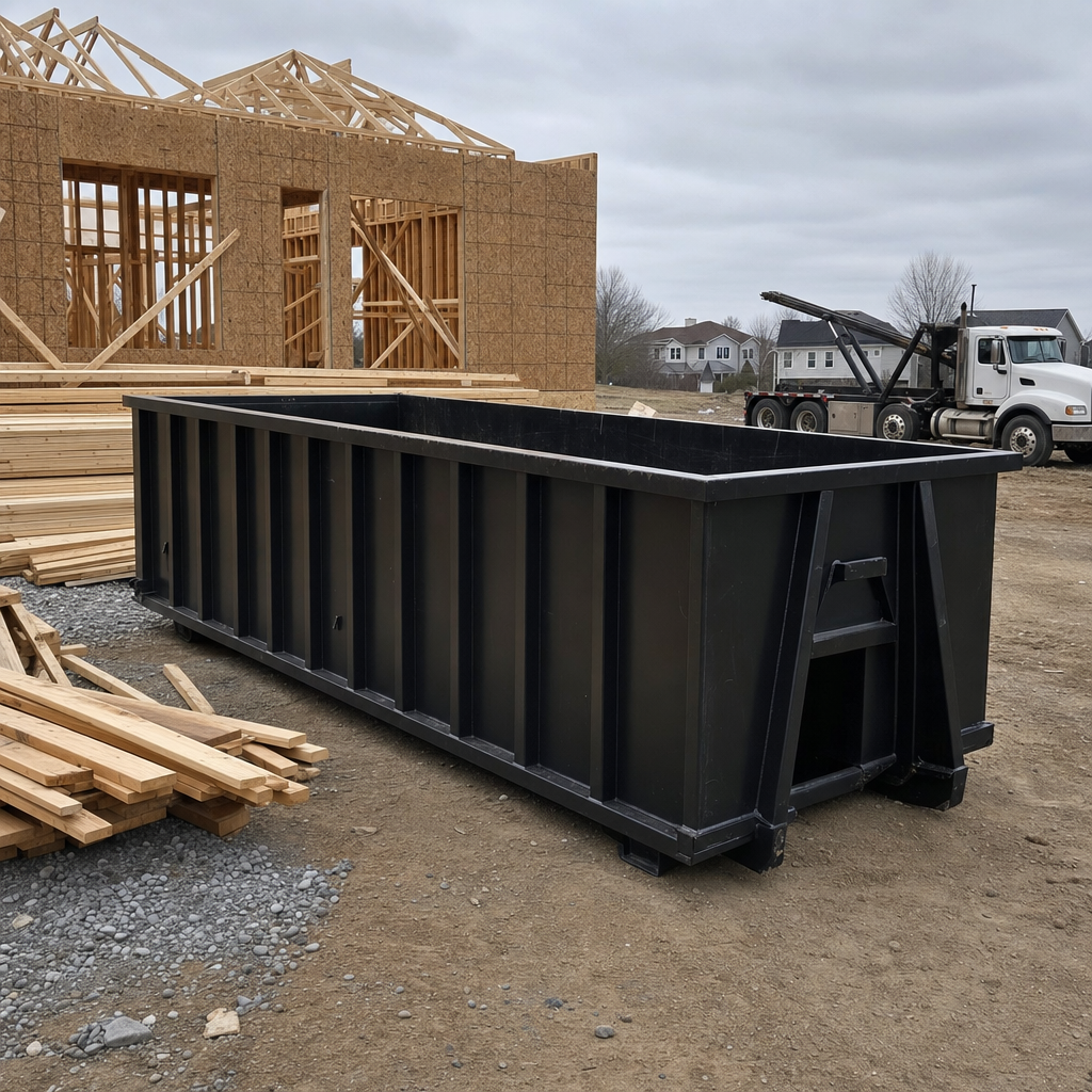 Matte-black 40-yard roll-off dumpster staged on a framed-out residential construction site in Pembroke Pines, framing lumber stacked nearby, hooklift delivery truck visible in the background under bright Colorado daylight