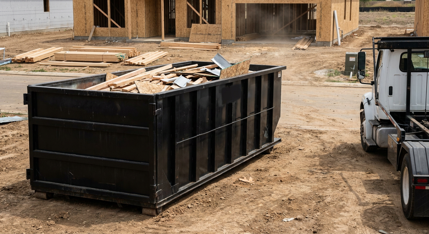 Matte-black 20-yard roll-off construction dumpster with heavy ribbed steel sidewalls and swing rear doors at a working jobsite in Pembroke Pines, sitting directly on compacted dirt with an unmarked white hauler partially visible at the far edge of the frame.