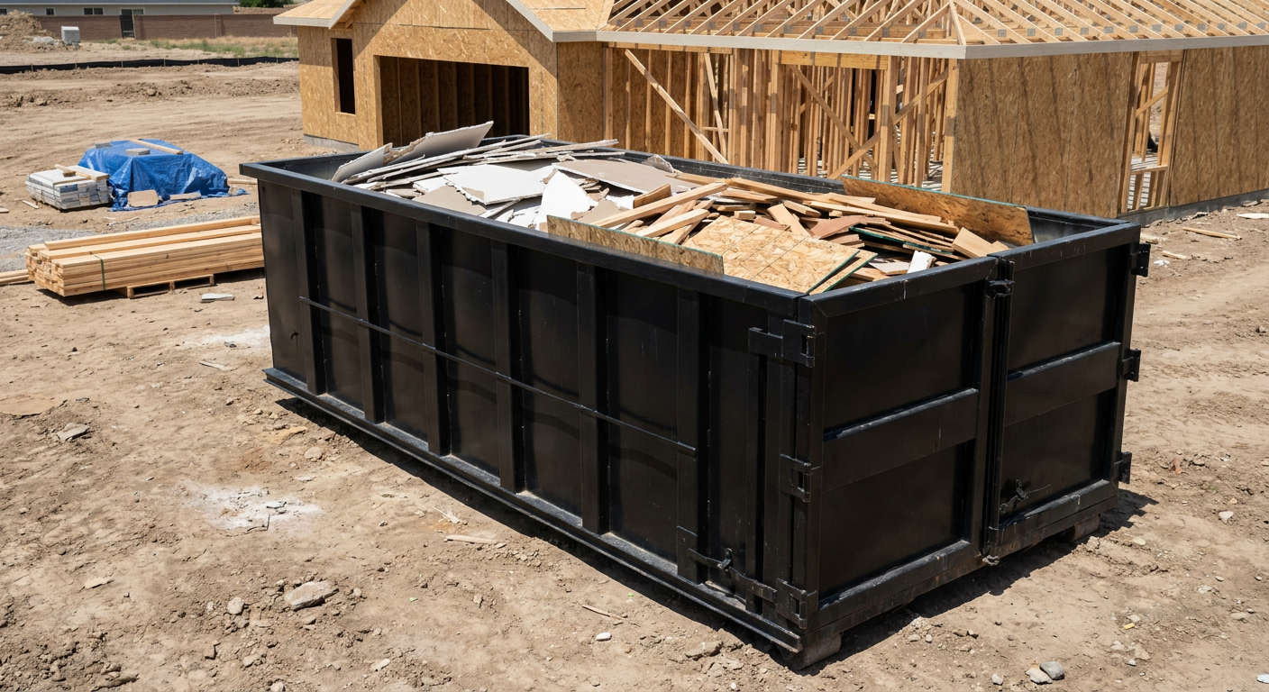 Matte-black 30-yard roll-off construction dumpster sitting directly on the compacted-dirt site of a framed single-family home build in Pembroke Pines, drywall and lumber scrap loaded inside.
