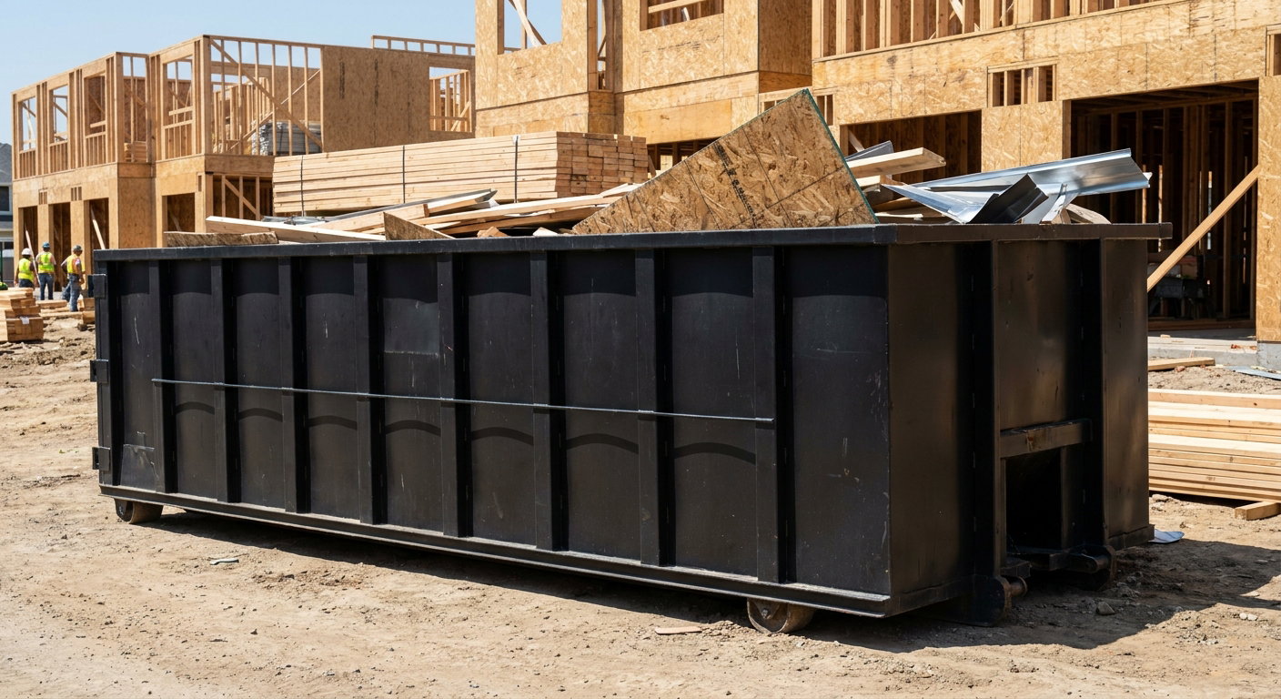 Matte-black 40-yard roll-off construction dumpster being lowered from a white-cab hooklift delivery truck onto the compacted-dirt jobsite at a commercial build site in Pembroke Pines