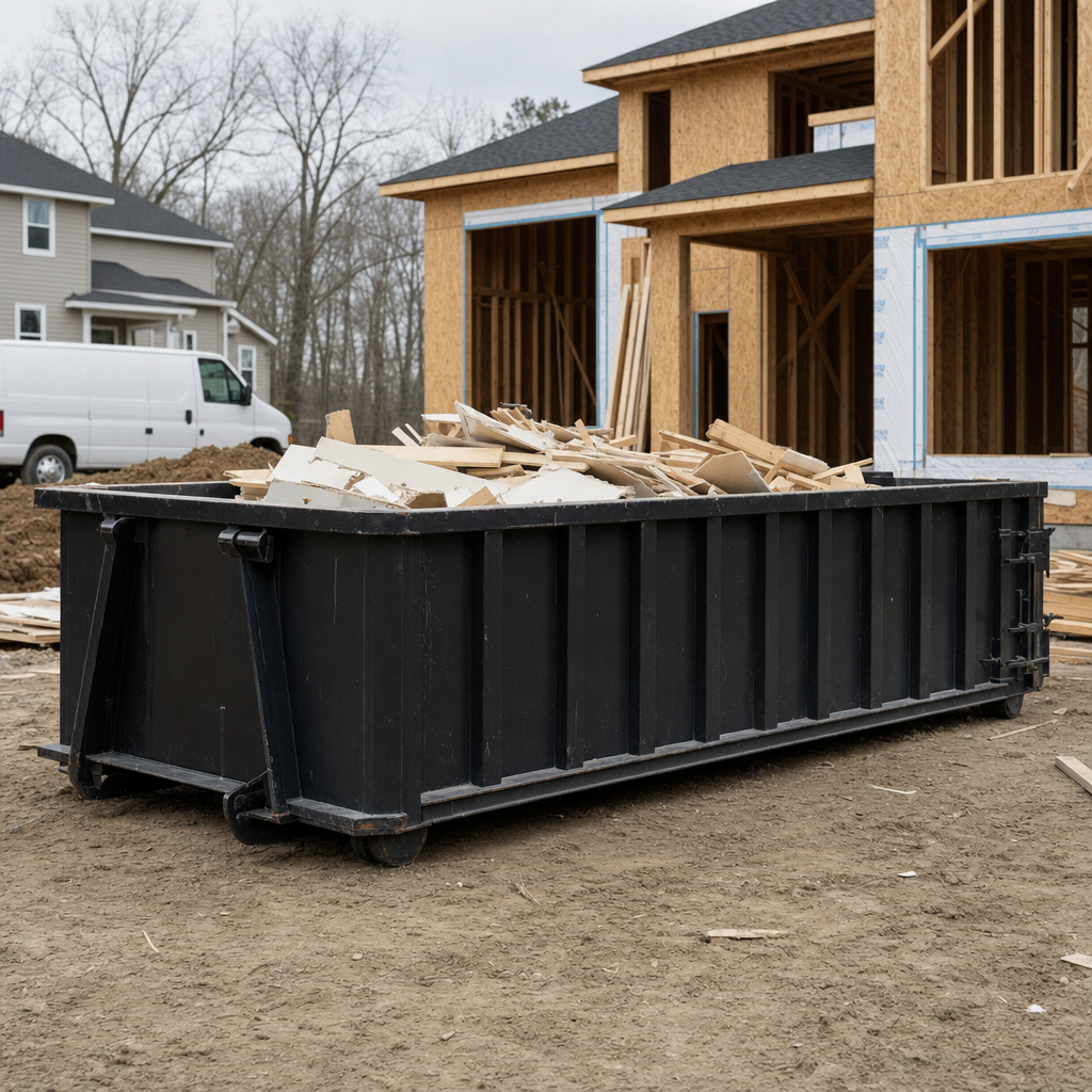 Worker in a yellow high-visibility vest tossing framing lumber and broken drywall into a matte-black 30-yard construction roll-off dumpster on an active build site in Pembroke Pines, bright daylight