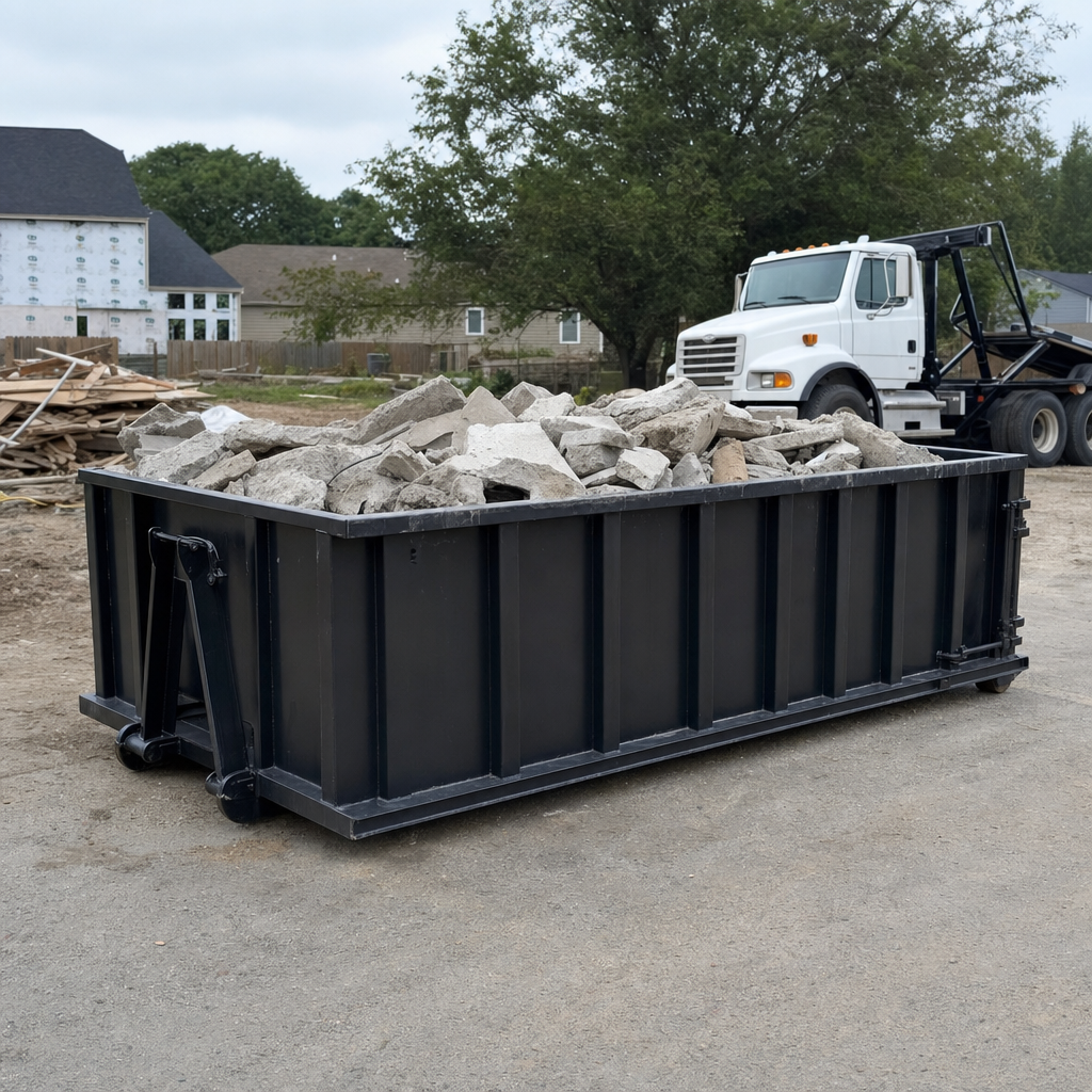 Low-profile matte-black lowboy roll-off dumpster loaded with broken concrete slab and rebar at a foundation tear-out in Pembroke Pines, skid steer parked beside it, sunny Colorado morning