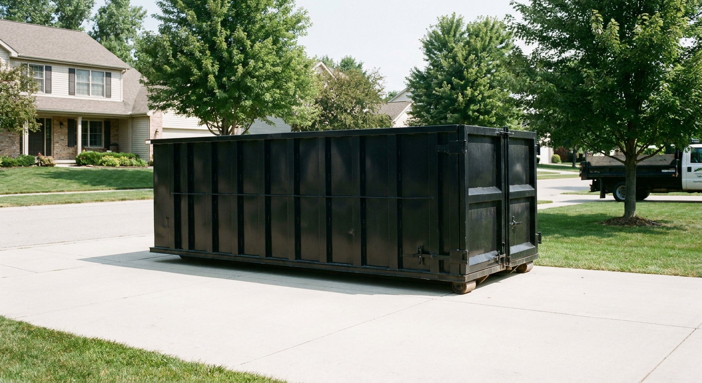 Matte-black 20-yard roll-off dumpster sitting level on a clean Pembroke Pines residential concrete driveway under bright daylight, demonstrating clean placement directly on the concrete.