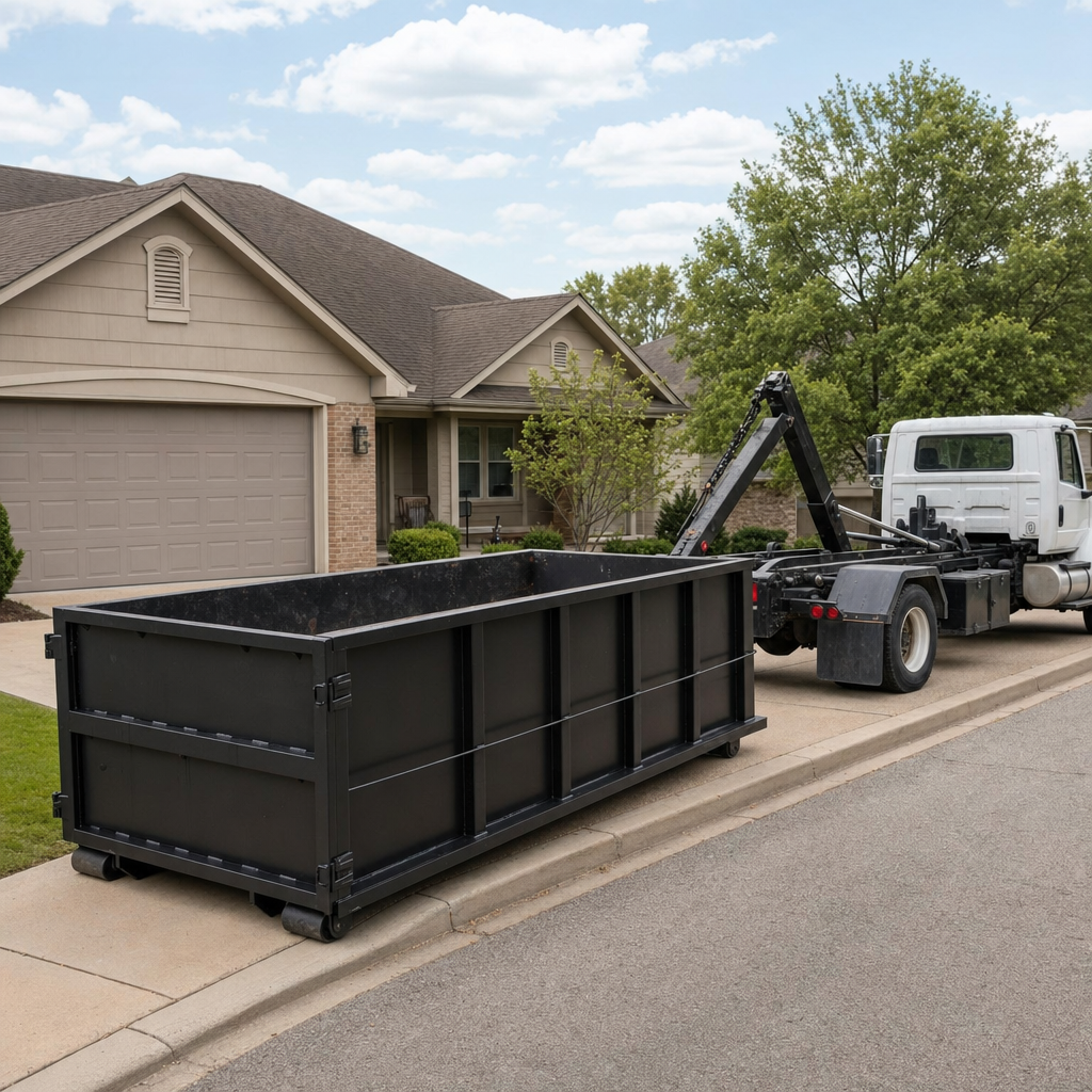 Wide documentary shot of a matte-black roll-off dumpster on a Pembroke Pines residential driveway in the foreground and a contractor jobsite container in the soft-focus background, bright daylight, calm and orderly composition.