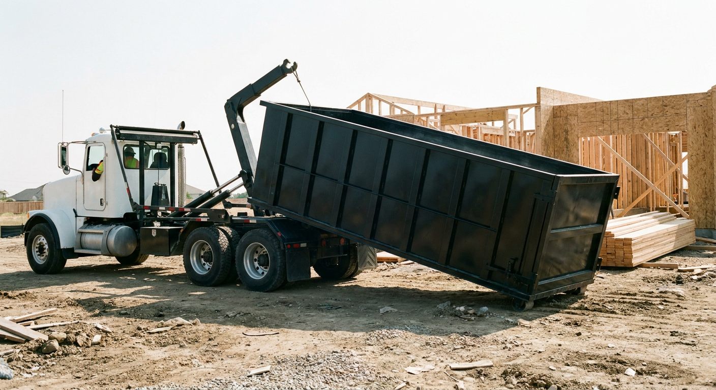 Matte-black roll-off dumpster being delivered onto a clean residential concrete driveway in Pembroke Pines by an unmarked white hooklift hauler truck, bright morning daylight, documentary 35mm perspective.