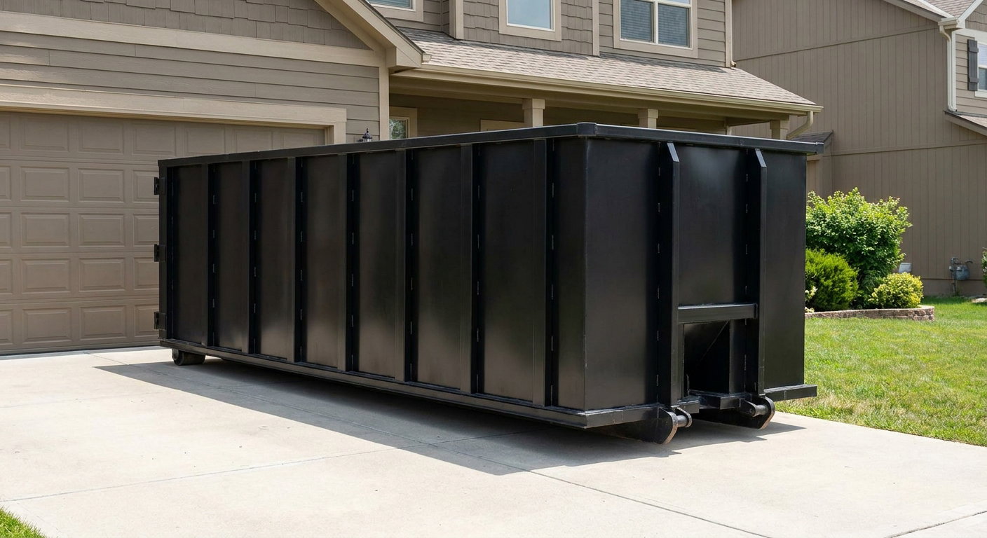 Matte-black residential roll-off dumpster sitting directly on a suburban Pembroke Pines concrete driveway, garage door closed, single-family home in background, bright morning daylight.