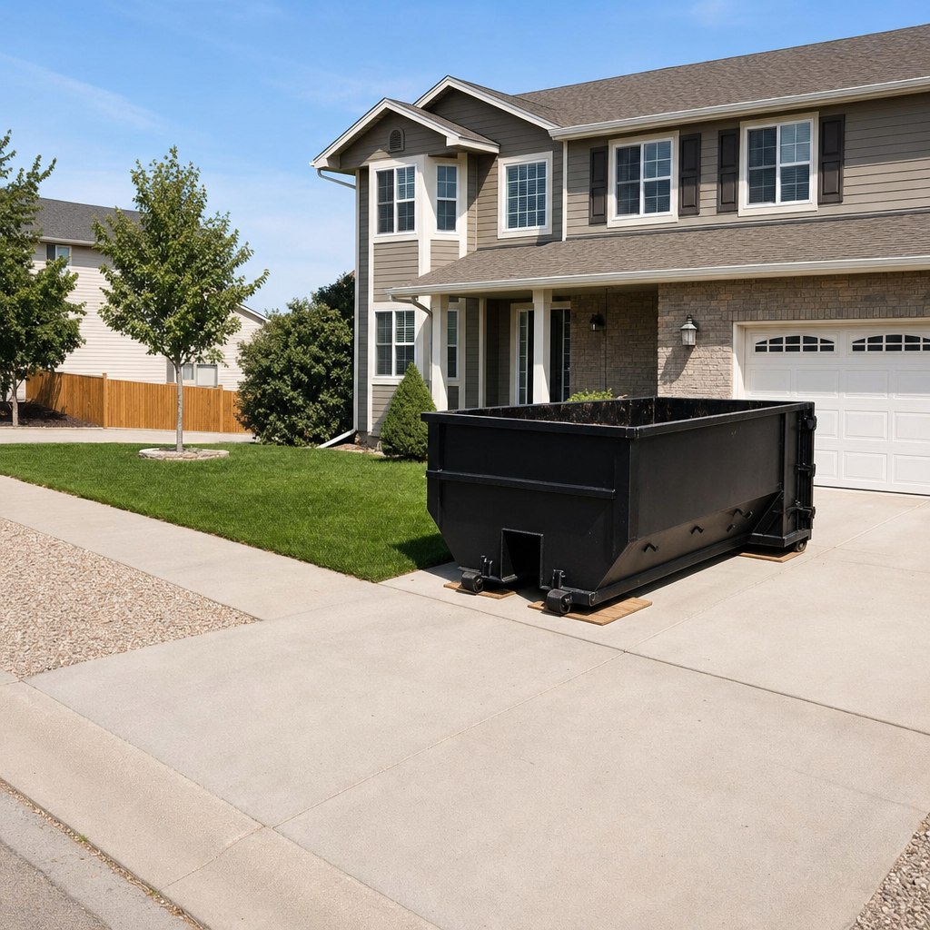 10-yard matte-black residential dumpster placed directly on a narrow Pembroke Pines concrete driveway, room remains for a parked sedan beside it, mid-morning natural light