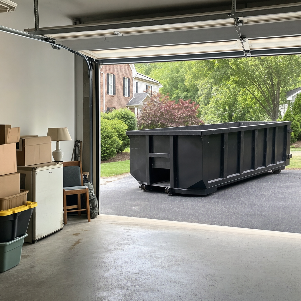 Open garage interior in a Pembroke Pines home mid-cleanout — boxed items, an old appliance, and stacked yard tools queued near the driveway for a matte-black roll-off dumpster, organized and calm