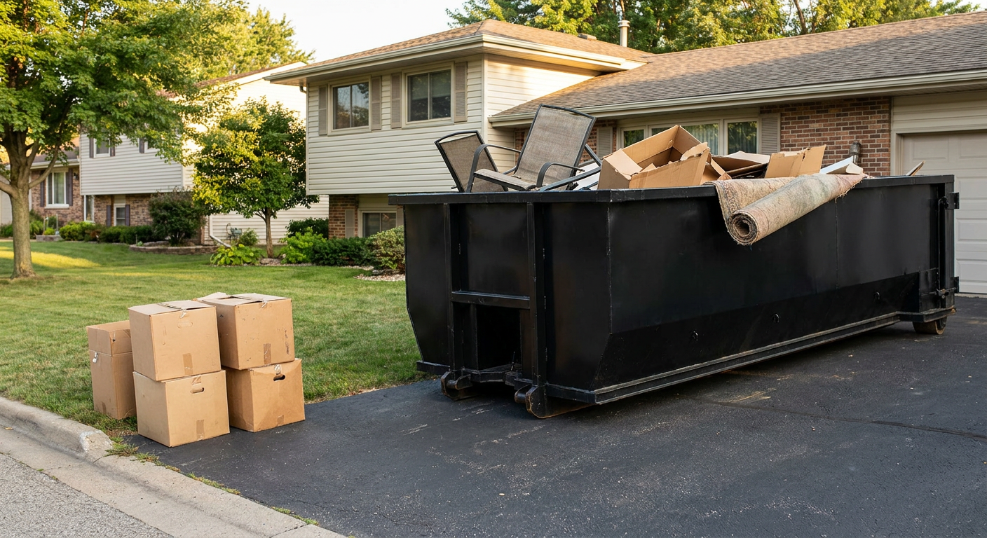 Front-yard view of a Pembroke Pines split-level home with a 20-yard matte-black roll-off dumpster sitting directly on the asphalt driveway, a few clearly labeled donation boxes staged at the curb, calm sunny afternoon.