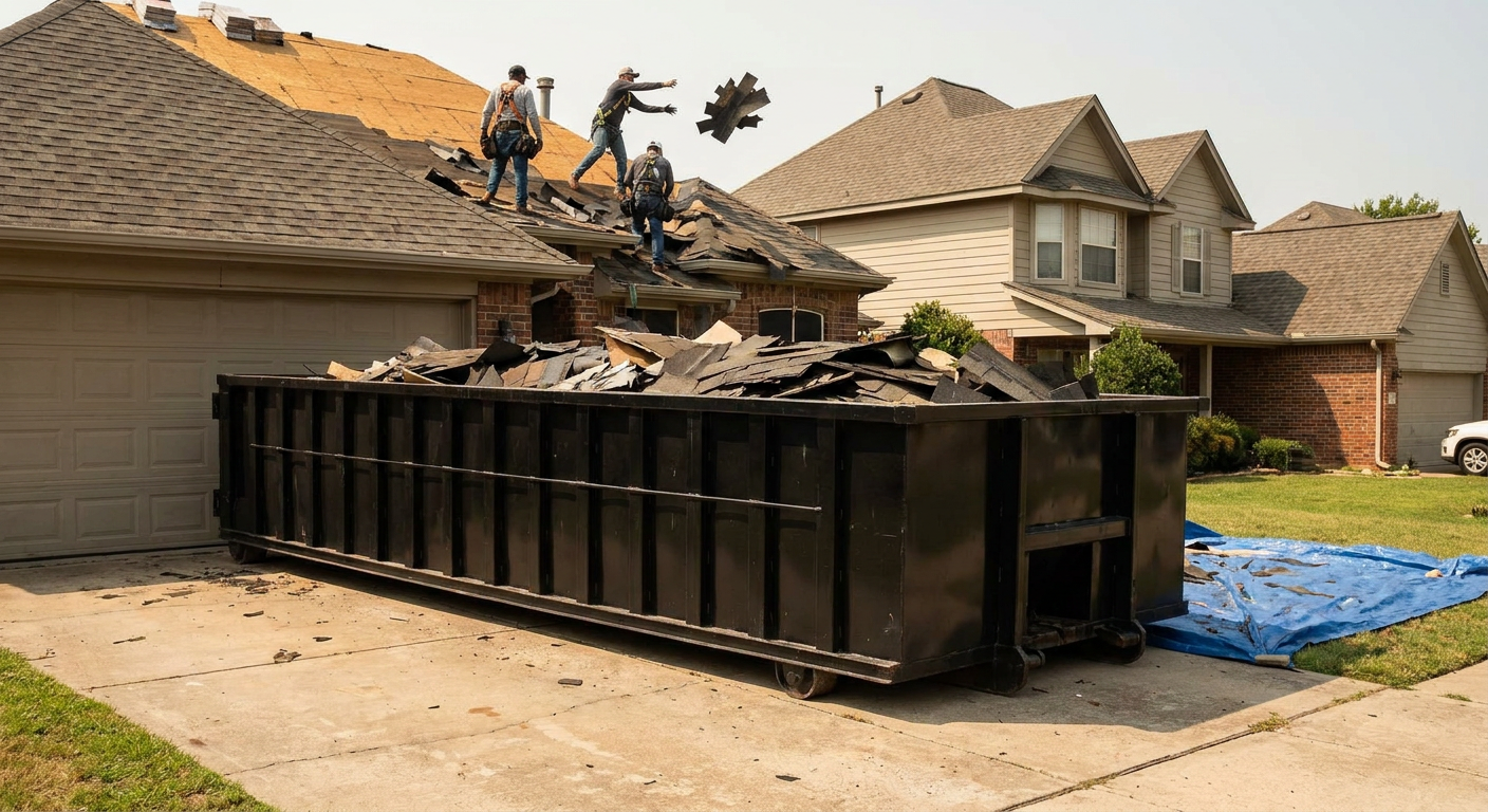 Matte-black roofing roll-off dumpster placed directly on a Pembroke Pines residential concrete driveway, a tear-off crew on a two-story asphalt-shingle roof tossing shingle bundles into the low-walled container, bright daylight, documentary 35mm perspective.