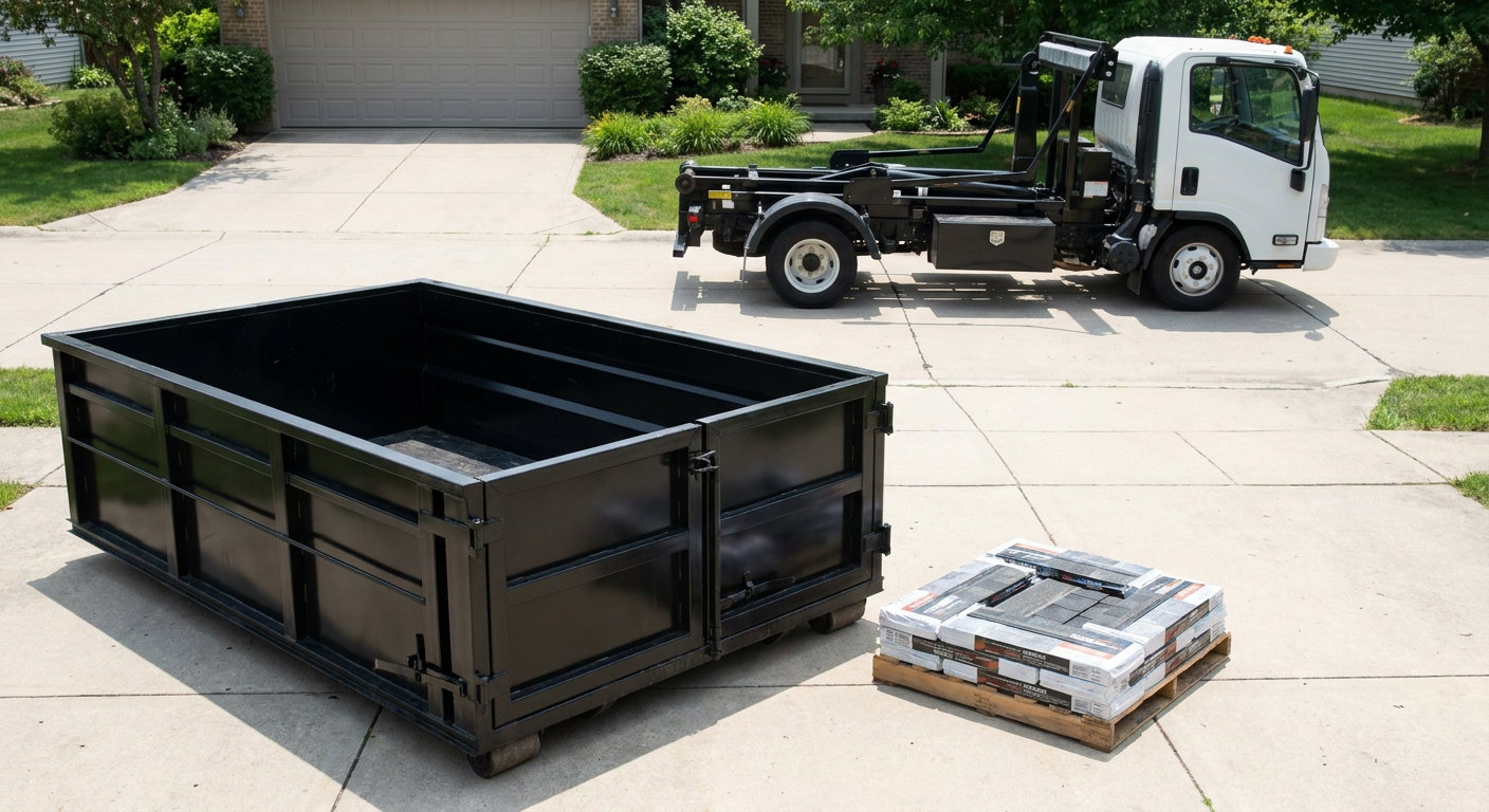 Matte-black 15-yard roofing roll-off dumpster with reinforced low side walls sitting directly on a Pembroke Pines residential concrete driveway, three-tab asphalt shingle bundles stacked nearby, an unmarked white hauler truck partially visible at the edge of the frame.