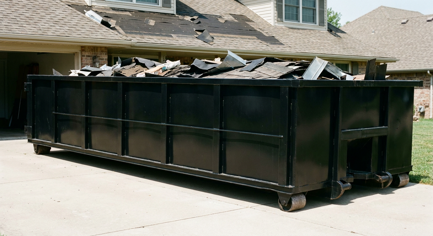 Matte-black 20-yard roofing roll-off dumpster with steel ribbed sides and swinging rear door, sitting directly on the concrete driveway of a two-story Pembroke Pines home, asphalt shingle debris being loaded over the low wall, clean documentary lighting.