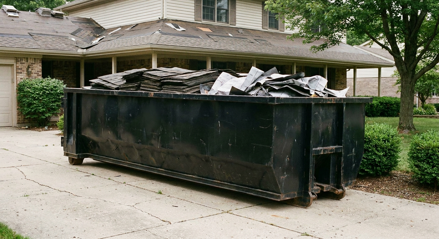 Matte-black 30-yard roofing roll-off dumpster sitting directly on a Pembroke Pines concrete driveway, taller ribbed steel side panels, mixed tear-off debris of asphalt shingles and underlayment inside, professional documentary daylight.