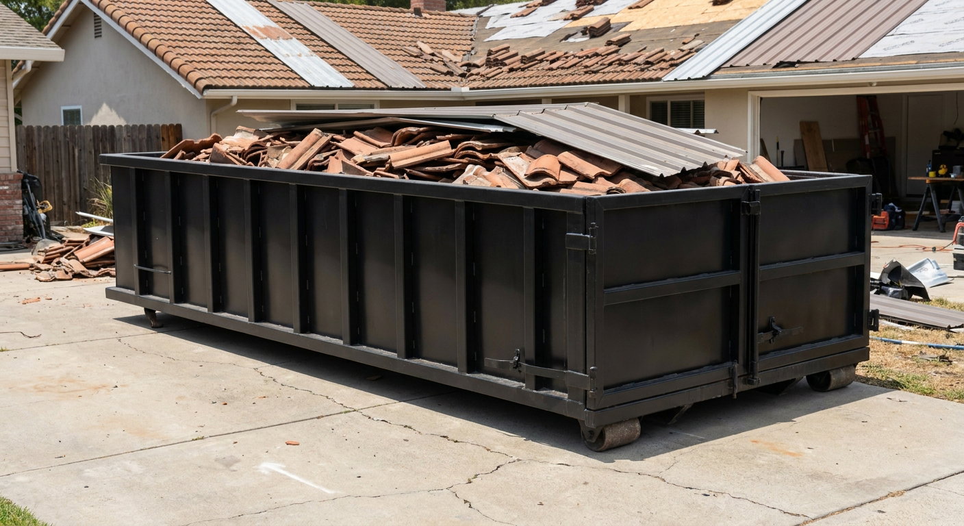 Matte-black low-wall heavy-debris roofing roll-off dumpster sitting directly on a Pembroke Pines concrete driveway, broken concrete clay roof tiles and metal panel sections loaded inside, reinforced ribbed steel side walls visible, bright outdoor daylight.