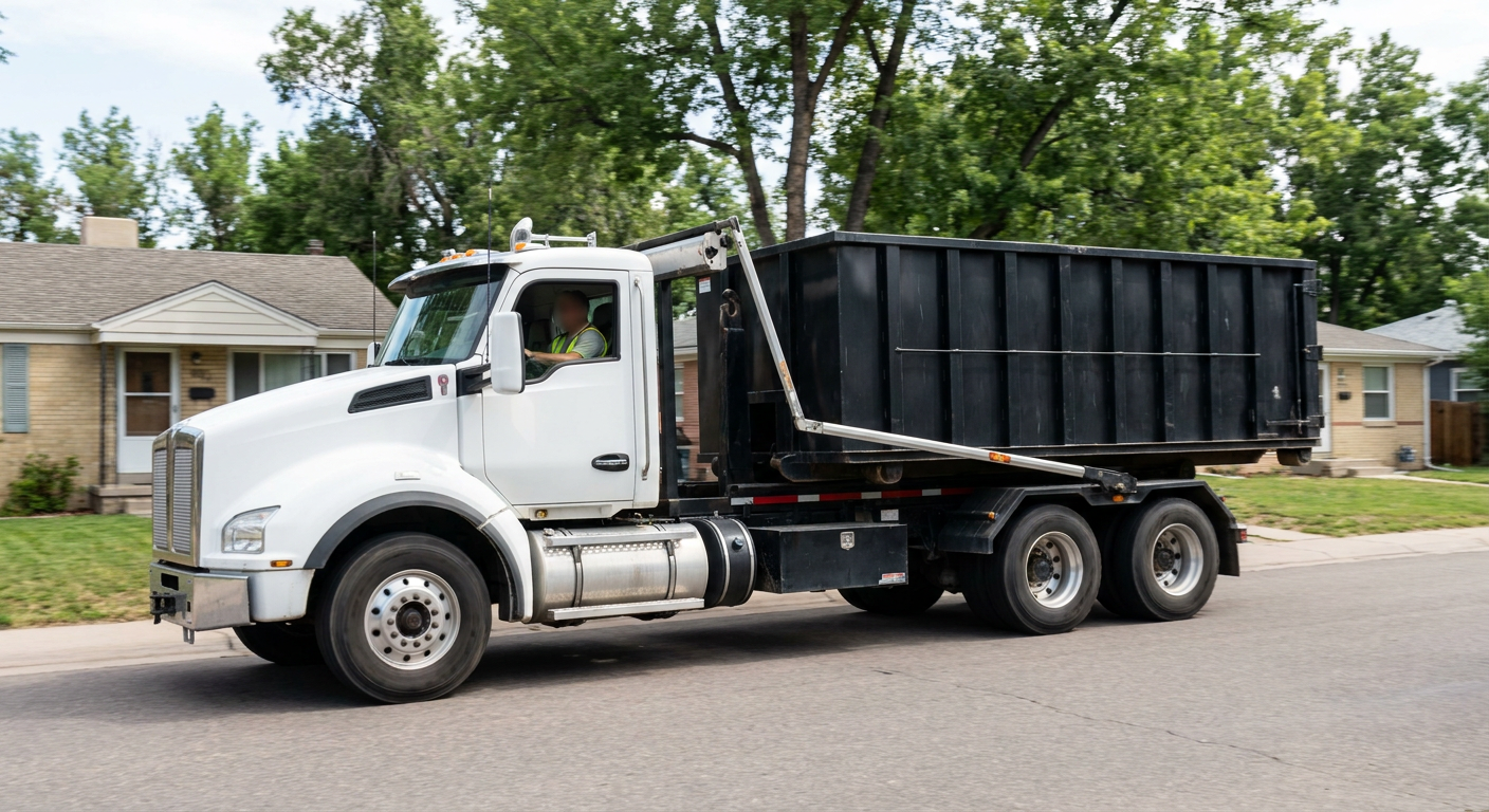 A wide documentary shot of a matte-black roll-off delivery truck pulling onto a quiet Pembroke Pines residential street at mid-morning, with neighborhood rooftops and tree-lined blocks visible behind, showing the metro coverage footprint.