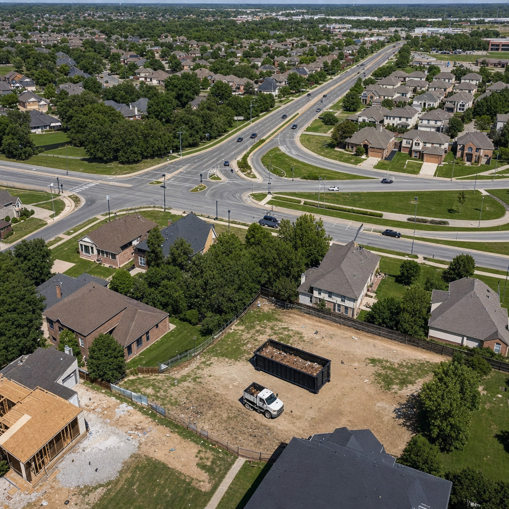 An overhead documentary view of the Pembroke Pines metro area at midday, showing the spread of neighborhoods, arterial roads, and the dispatch radius from a central yard — clean daylight, organized geographic layout.