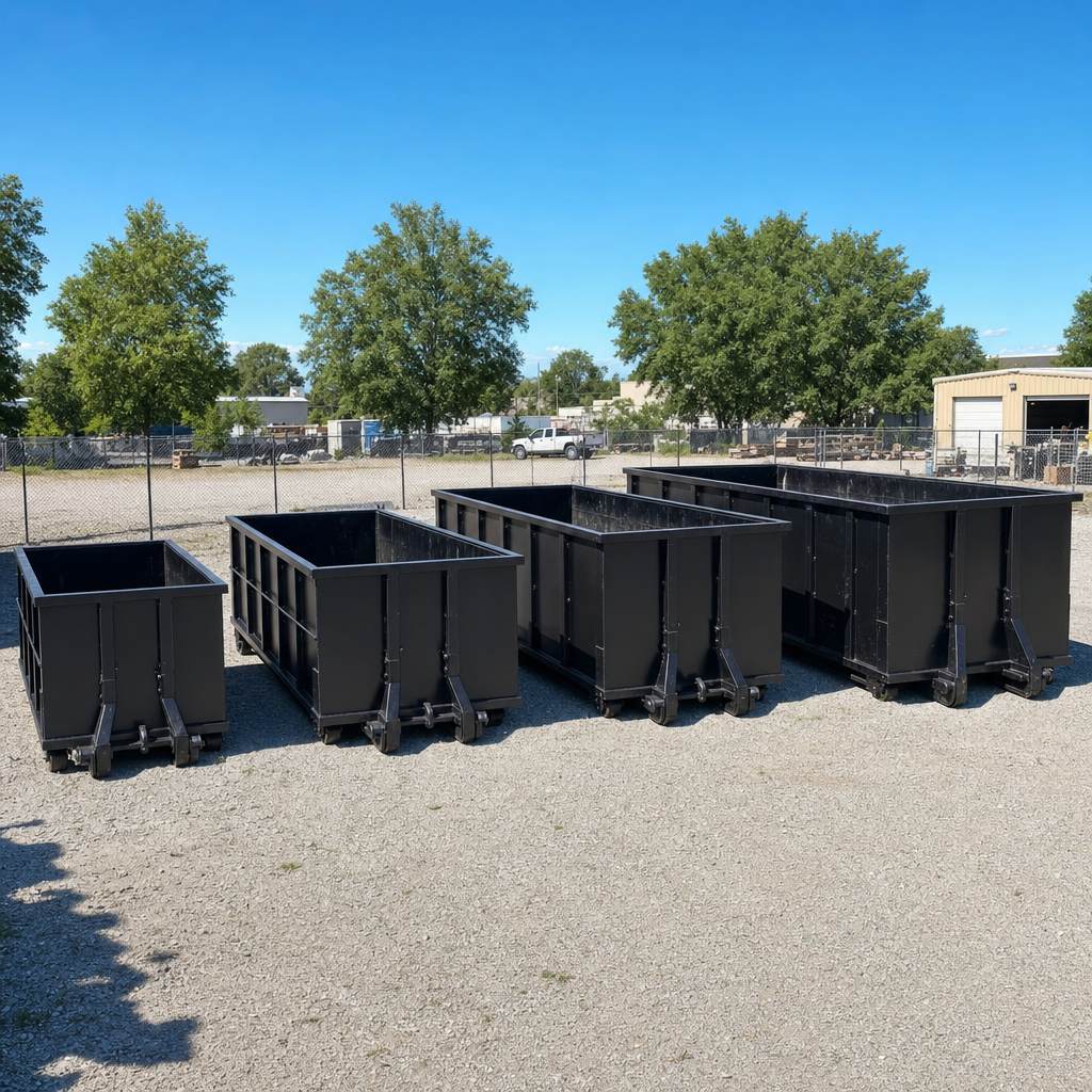 A clean lineup of matte-black roll-off dumpsters in 10, 20, 30, and 40-yard sizes staged on a sunlit gravel yard in Pembroke Pines, showing the size progression from compact to commercial-scale containers.
