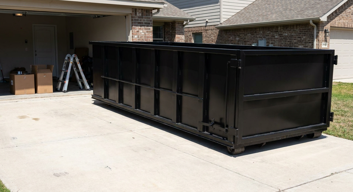 A matte-black 10-yard roll-off dumpster sitting directly on a residential Pembroke Pines concrete driveway, mid-day sunlight, clean and ready for a garage cleanout.