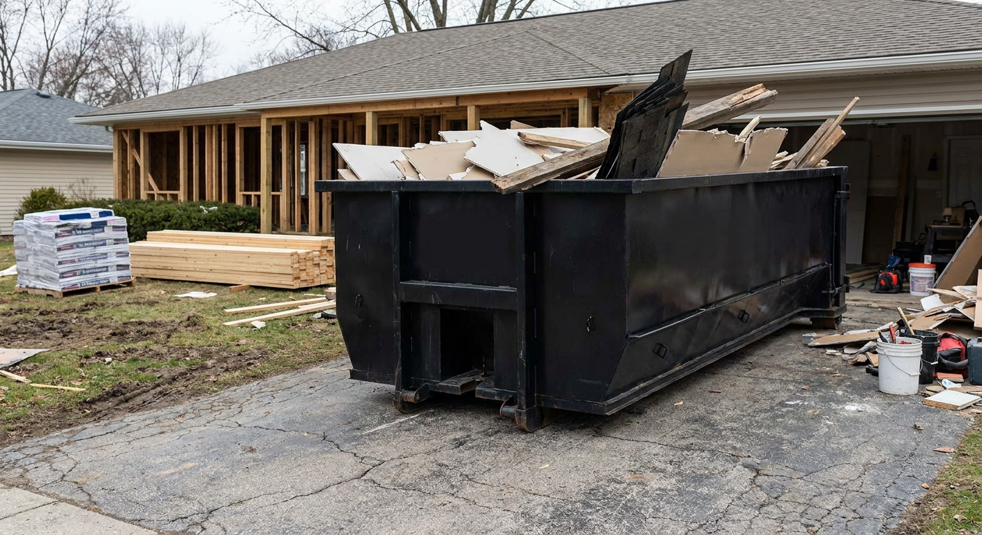 A matte-black 20-yard roll-off dumpster placed alongside a mid-renovation Pembroke Pines home directly on the asphalt driveway, with framing materials and torn-off shingles staged neatly nearby.