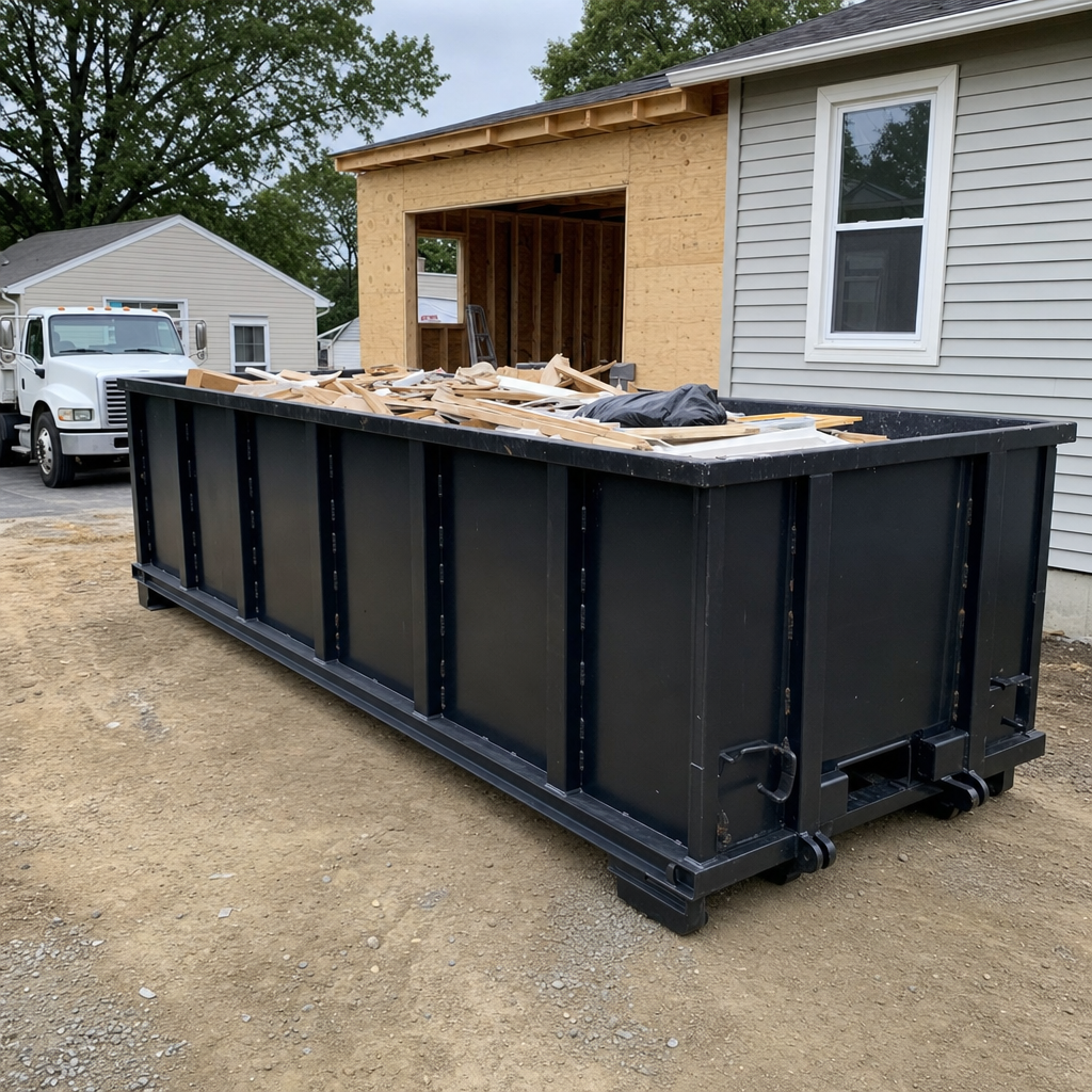 A matte-black 30-yard roll-off dumpster positioned at a Pembroke Pines residential addition jobsite, with framing lumber and drywall scraps loaded through the open swinging rear doors.