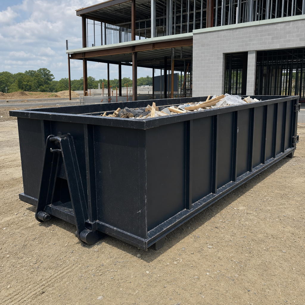 A matte-black 40-yard roll-off dumpster staged on a large Pembroke Pines commercial construction lot, with a hooklift delivery truck parked alongside under bright midday sky.