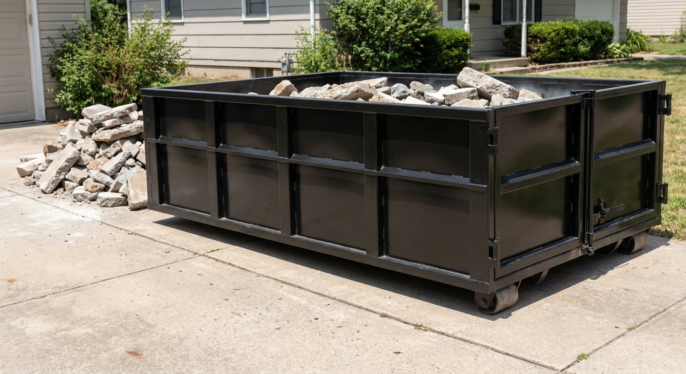 A matte-black low-side heavy-debris roll-off dumpster placed directly on a Pembroke Pines concrete driveway, with broken concrete chunks neatly stacked beside it under clean daylight.